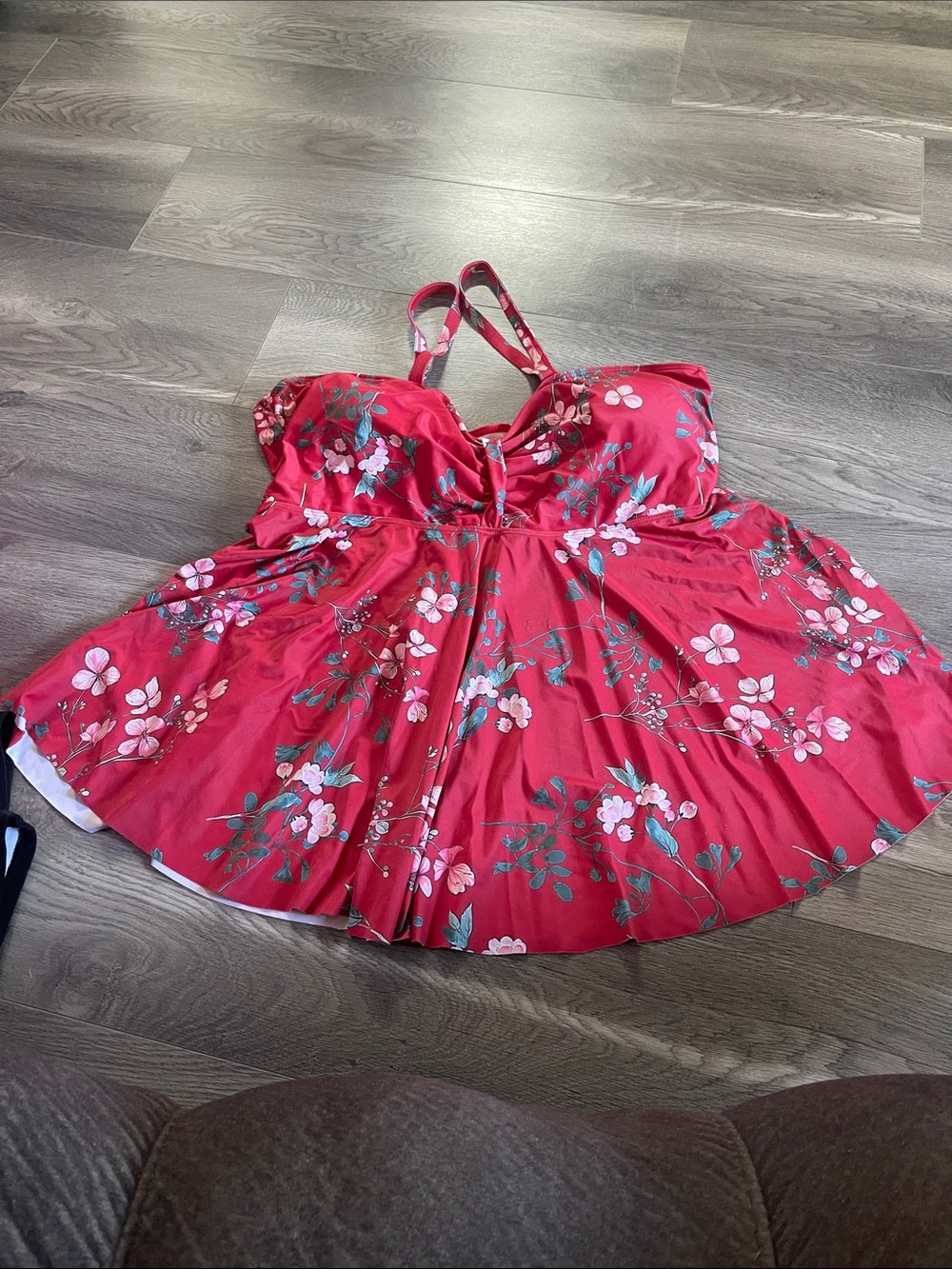 Red Floral Swimdress with Pink Blossoms